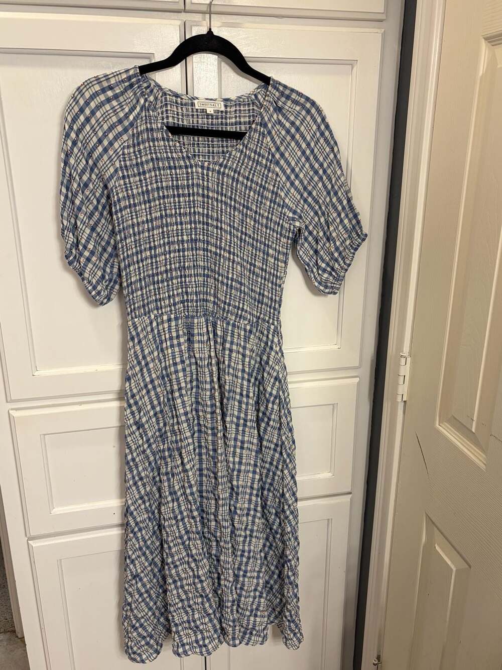 Sweetsalt Blue Gingham Sailboat Preppy Nautical Smocked Midi Dress,  S